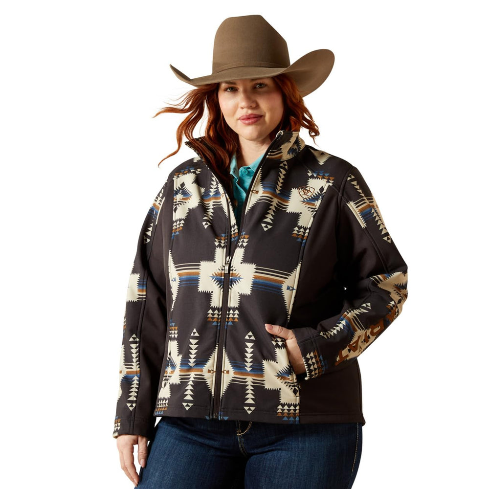 ARIAT Women Logo Softshell Jacket logo badge highlights brand heritage on chest.