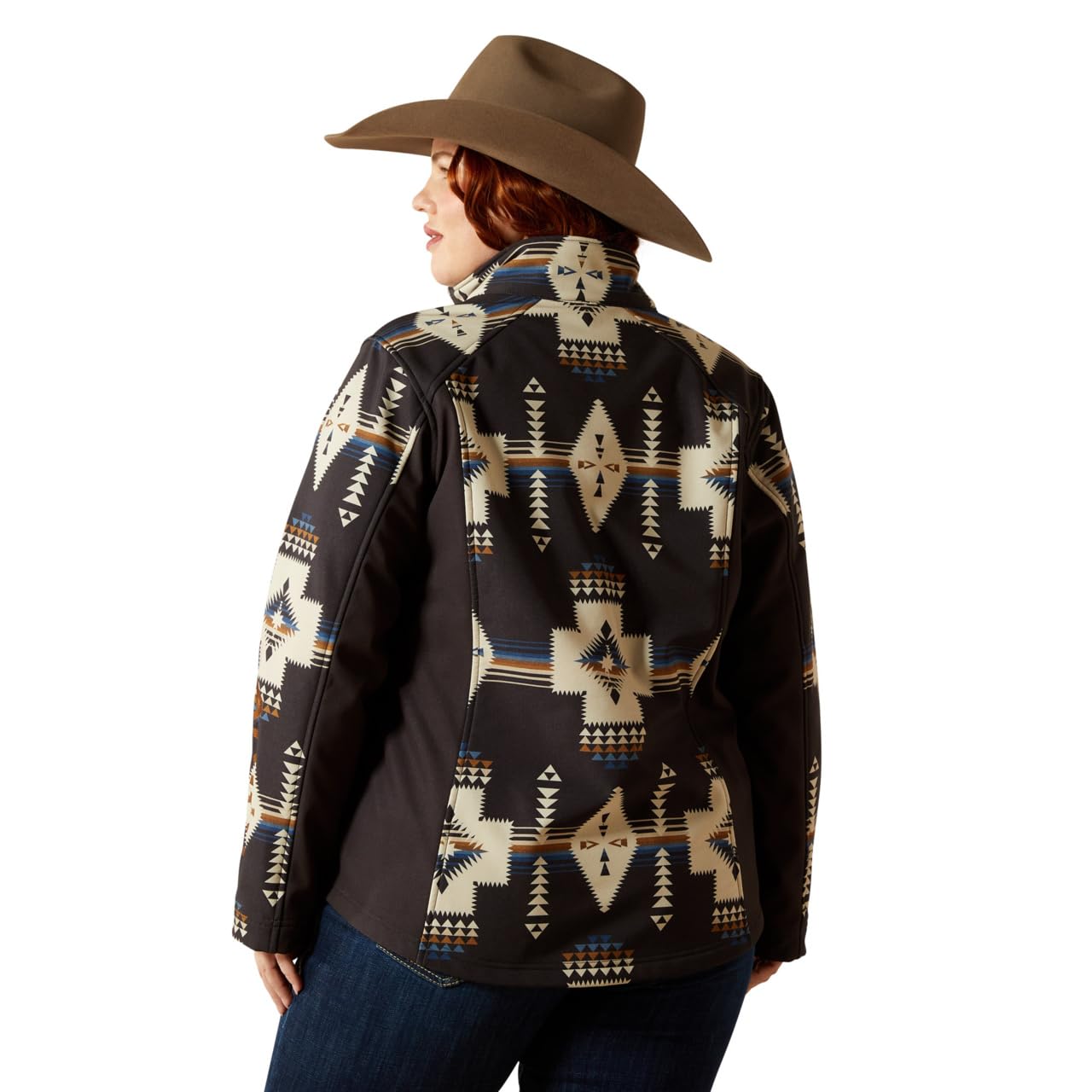 ARIAT Women Logo Softshell Jacket model wearing demonstrates easy everyday fit.