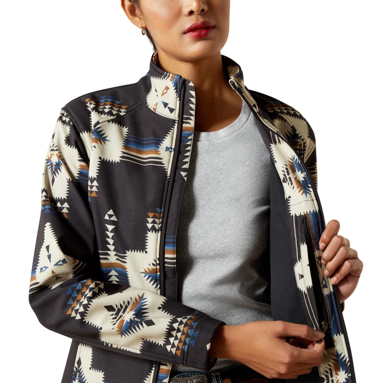 ARIAT Women Logo Softshell Jacket stretch nylon fabric for comfortable movement.