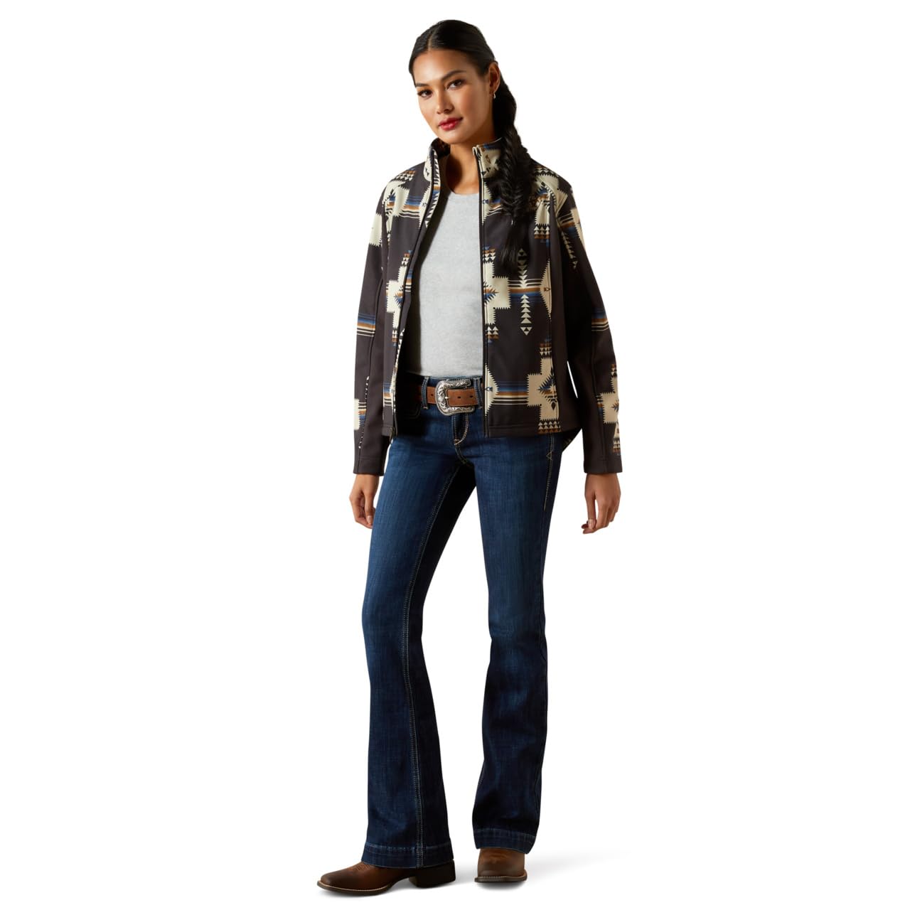 ARIAT Women Logo Softshell Jacket wind-water-resistance demonstrates protection in breezy conditions.