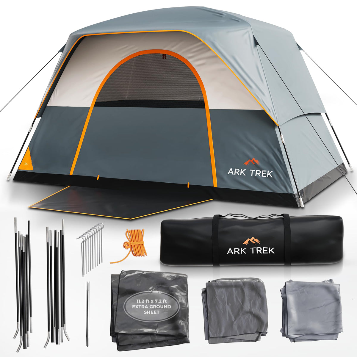 ArkTrek 6-person tent exterior shows sturdy 11mm poles for windy conditions.