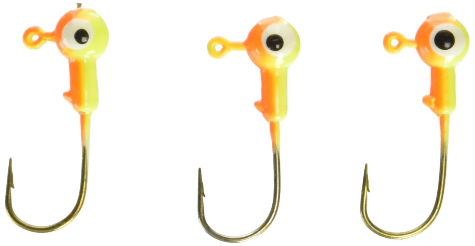 ARKIE K-116-9-100 double eye painted jig head, orange chartreuse, front view, ideal for bass jigging with grubs.