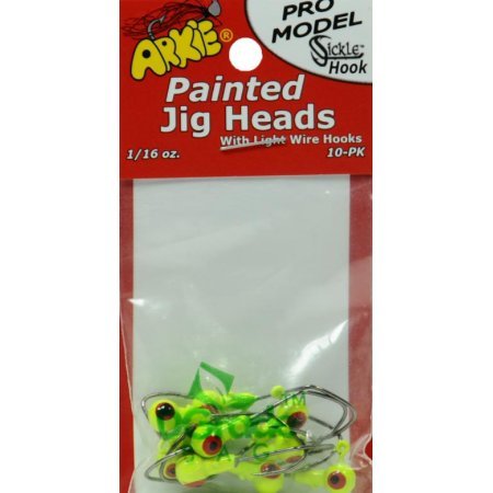 Arkie PSH-116-3 painted sickle jig head in chartreuse, ideal for panfish jigging.