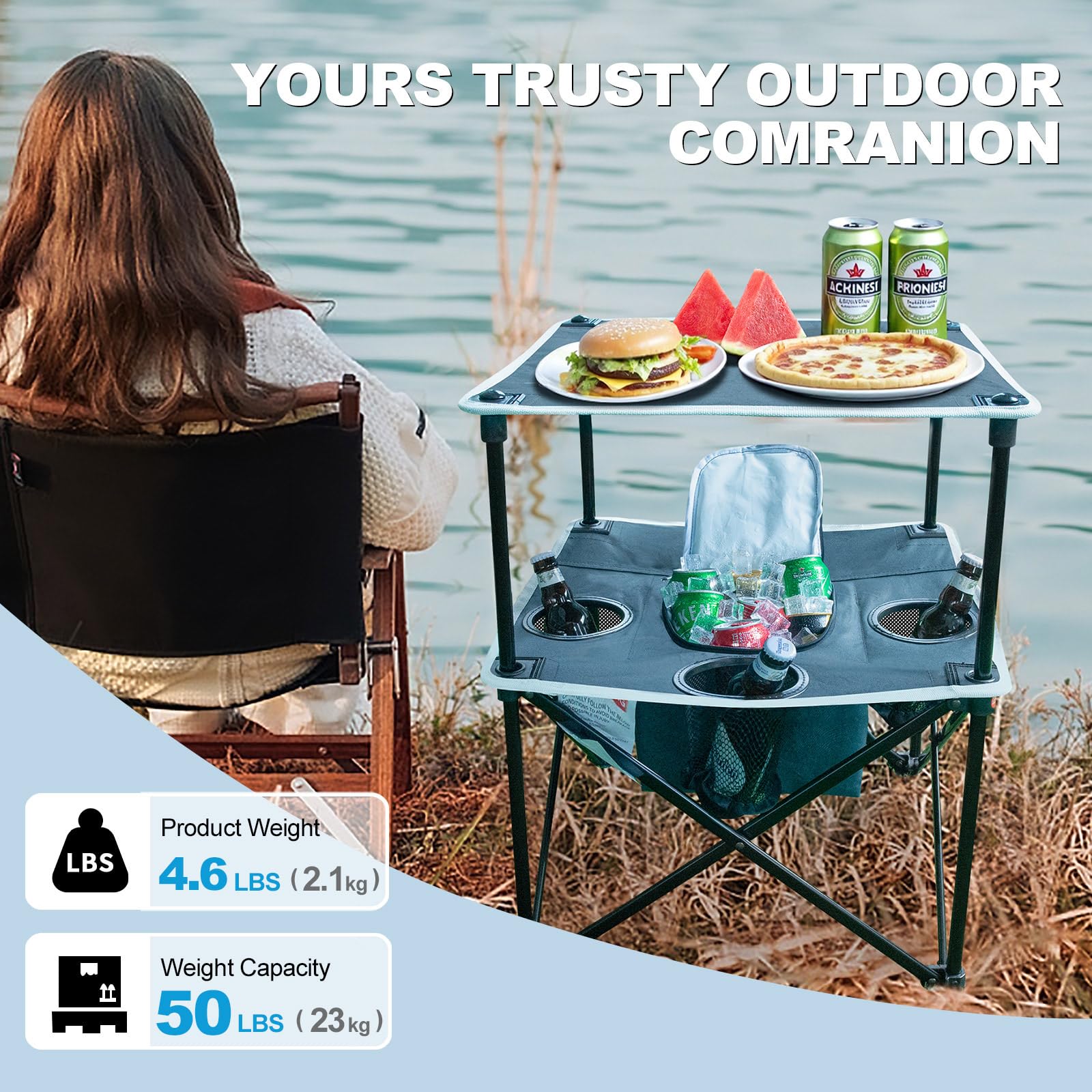 ARMOR CASTLE table's insulated lower storage keeps beverages cool and snacks handy.