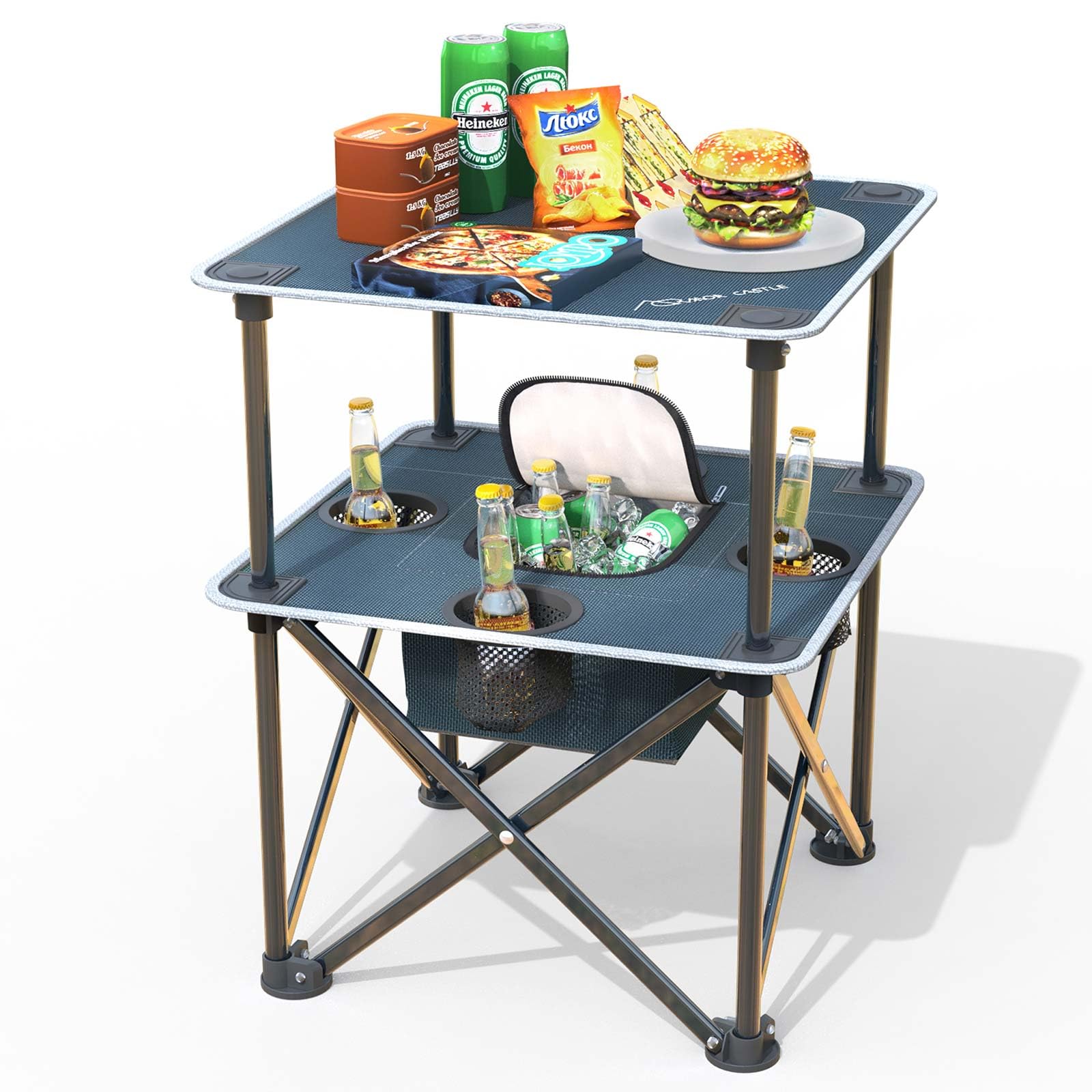 ARMOR CASTLE folding beach table on sand demonstrates quick setup for a seaside picnic.