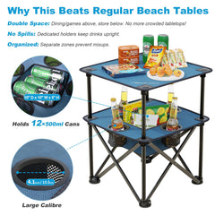 Armor Castle folding table corner cup holders keep beverages secure outdoors.