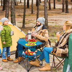 Armor Castle folding table side view in blue shows portable camping companion.