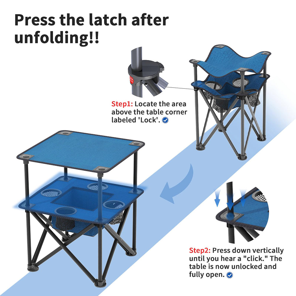 Armor Castle folding table central snack holder organizes snacks at campsites.