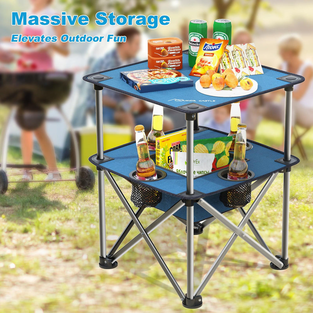 Armor Castle folding table two-tier design maximizes space for meals and gear.
