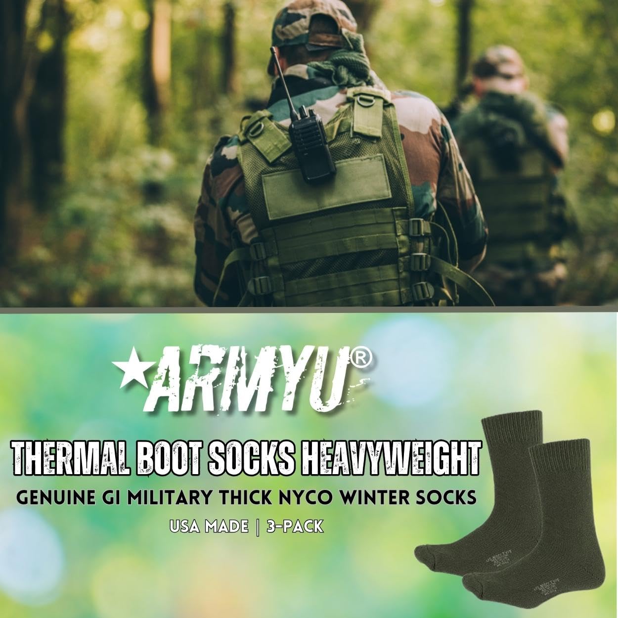 Army Universe USA-made thermal socks closeup highlights cushioned sole for all-day comfort