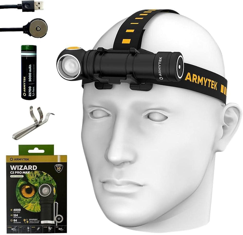 Armytek Wizard C2 Pro Max front view highlighting compact headlamp and bright beam for versatile night tasks.