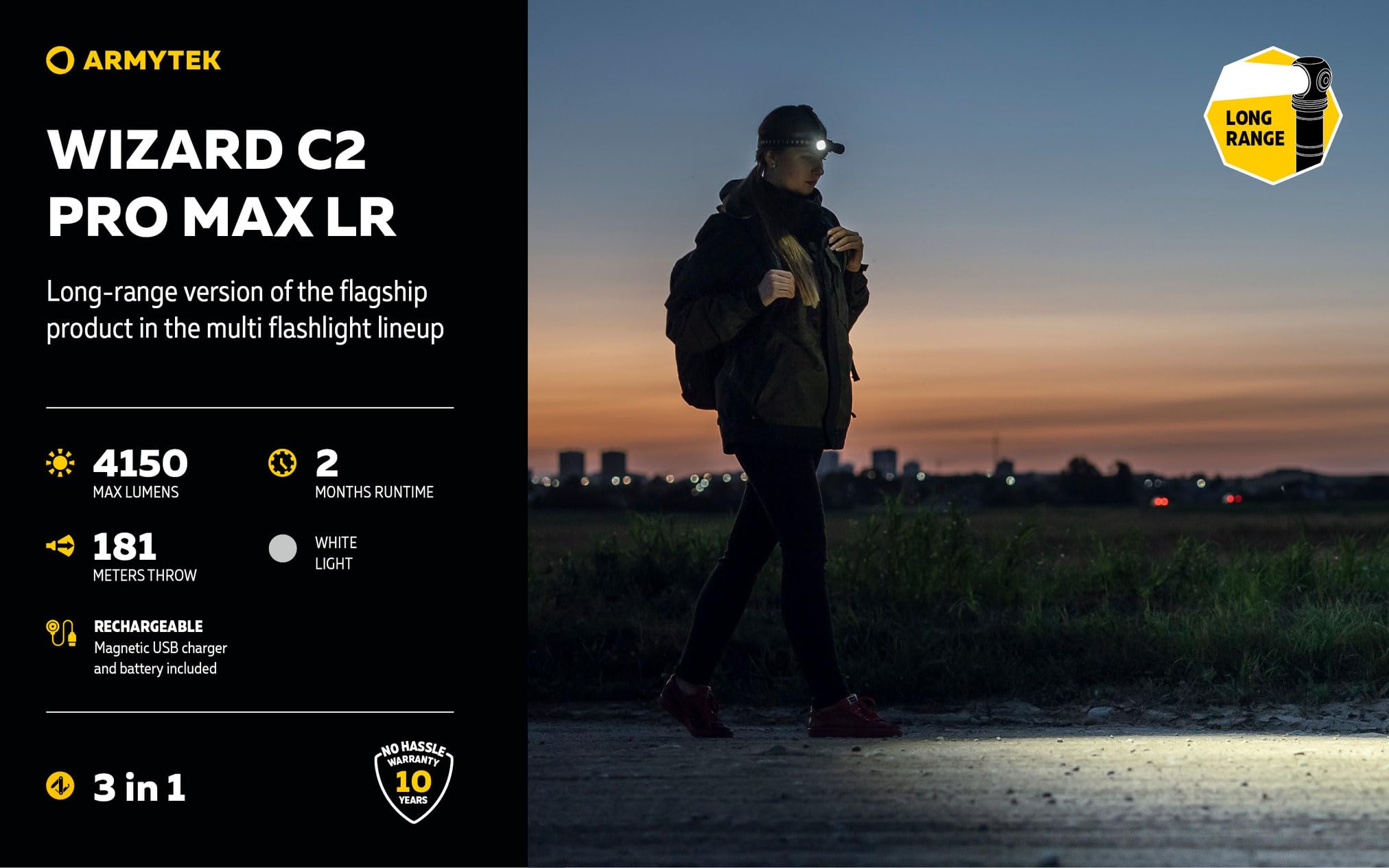 Armytek Wizard C2 Pro Max LR headlamp delivers 4150 lumens for bright outdoor visibility.