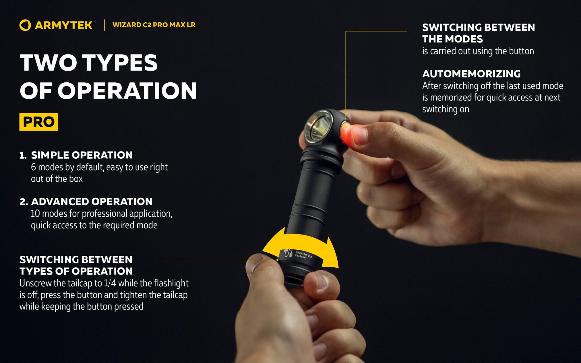 Armytek Wizard C2 Pro Max LR headlamp maintains constant brightness for reliable night tasks.