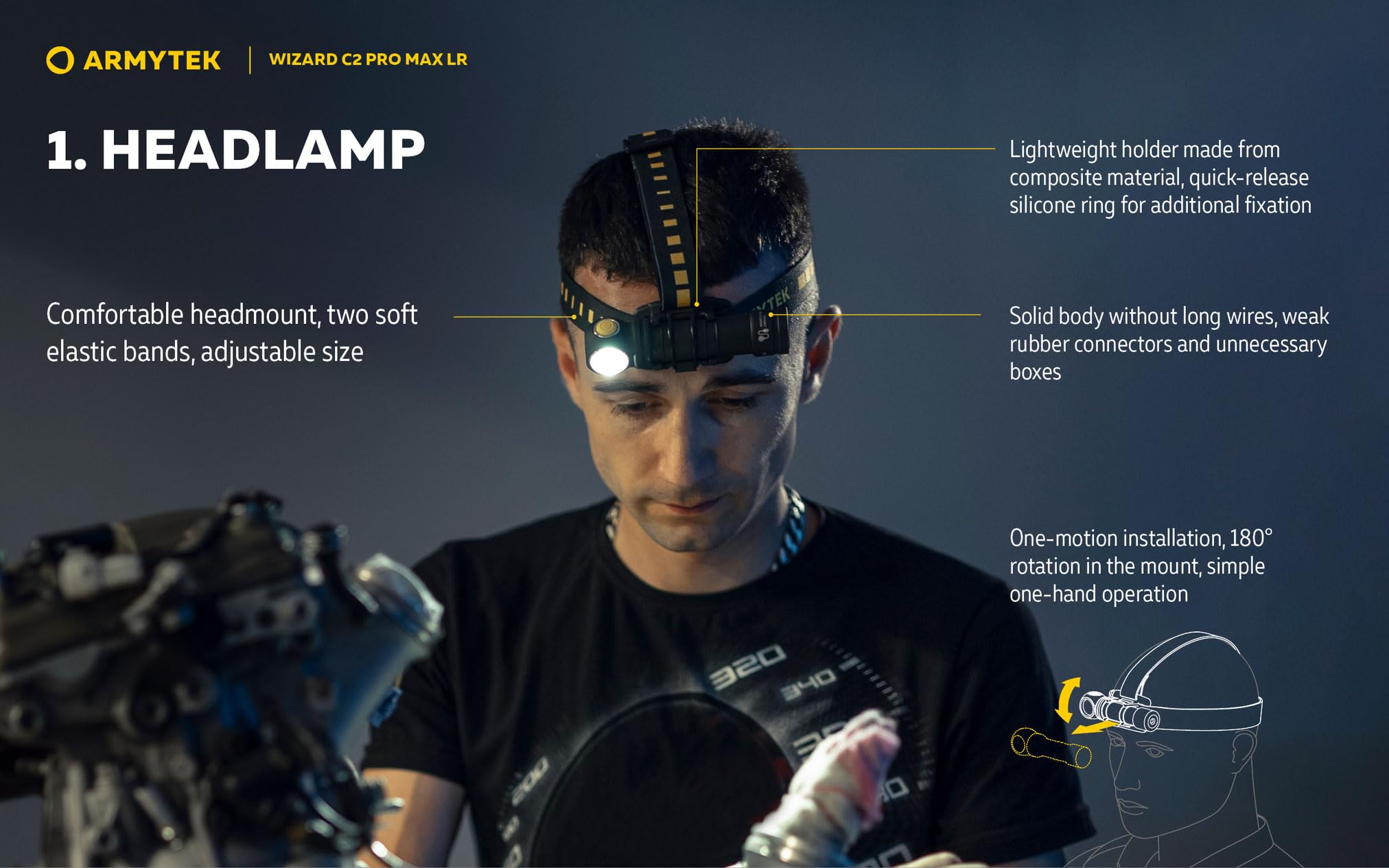 Armytek Wizard C2 Pro Max LR headlamp emits white cool light for accurate color rendering.
