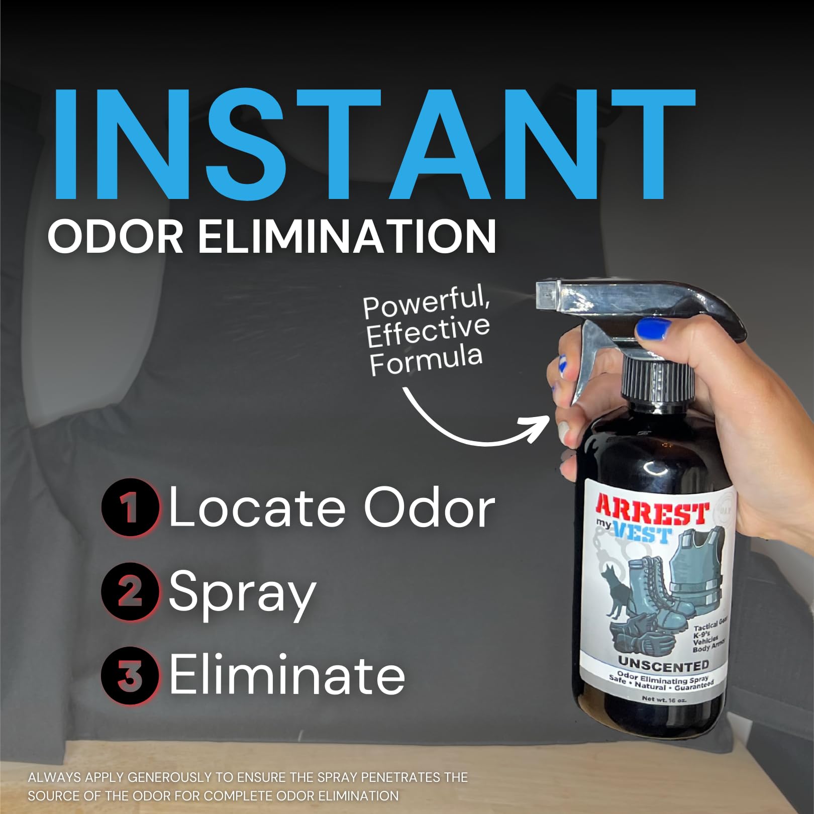 Arrest My Vest applied to body armor for quick freshness