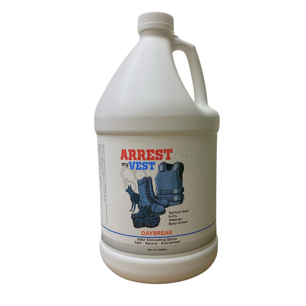 Arrest My Vest bottle front showing odor-eliminating spray for gear freshness