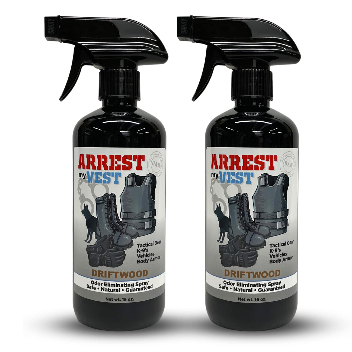 Arrest My Vest Driftwood bottle front view for quick odor control on gear