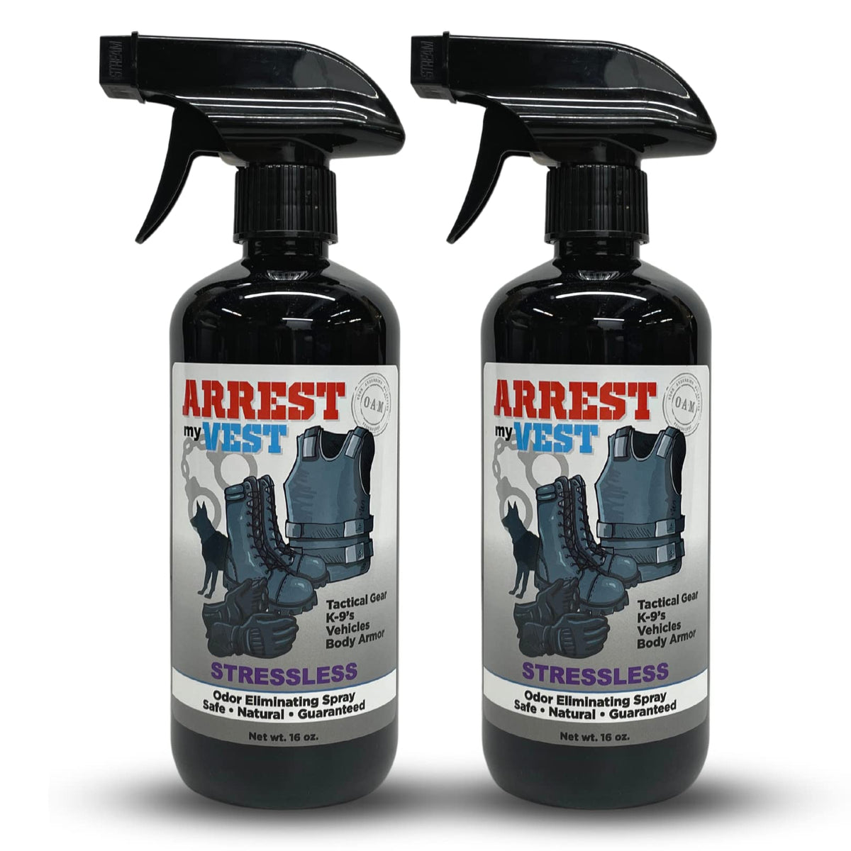 Arrest My Vest bottle pour demonstrates Stressless scent for personal freshness.