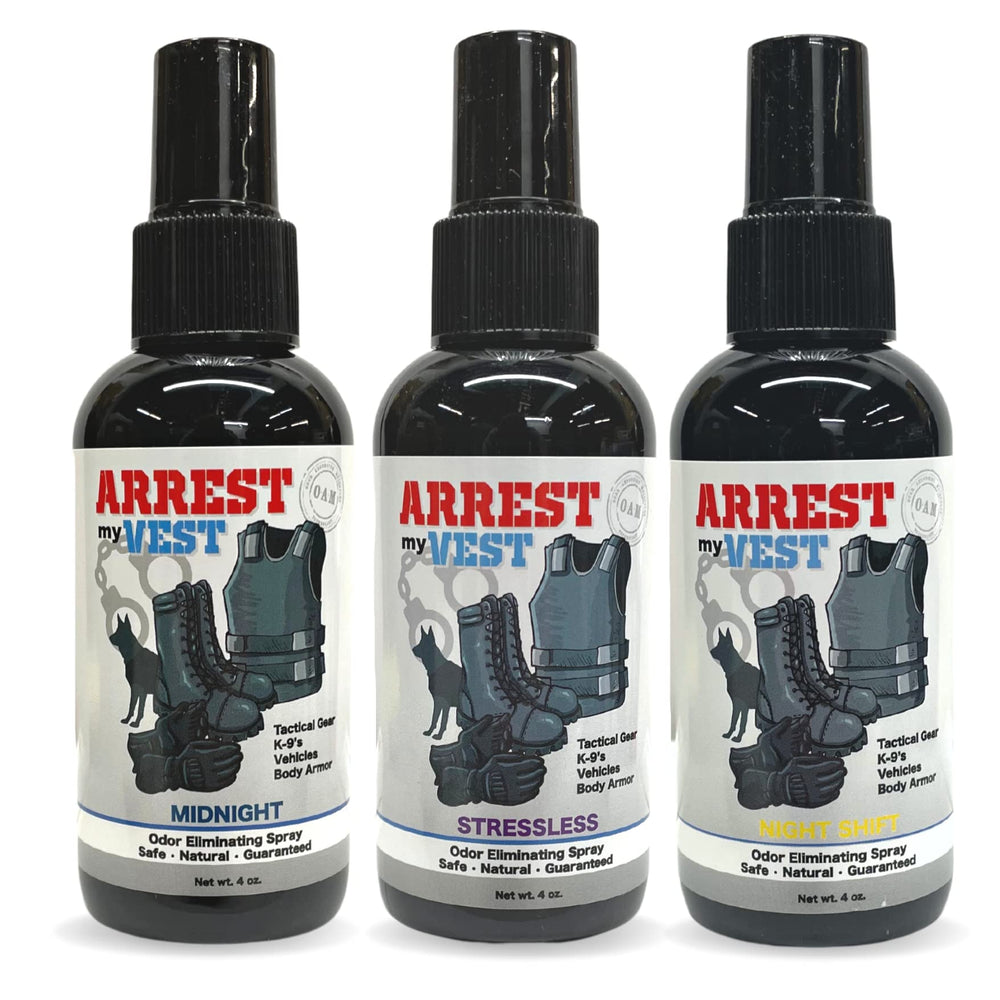 Arrest My Vest triple-pack bottle display for gear odor elimination