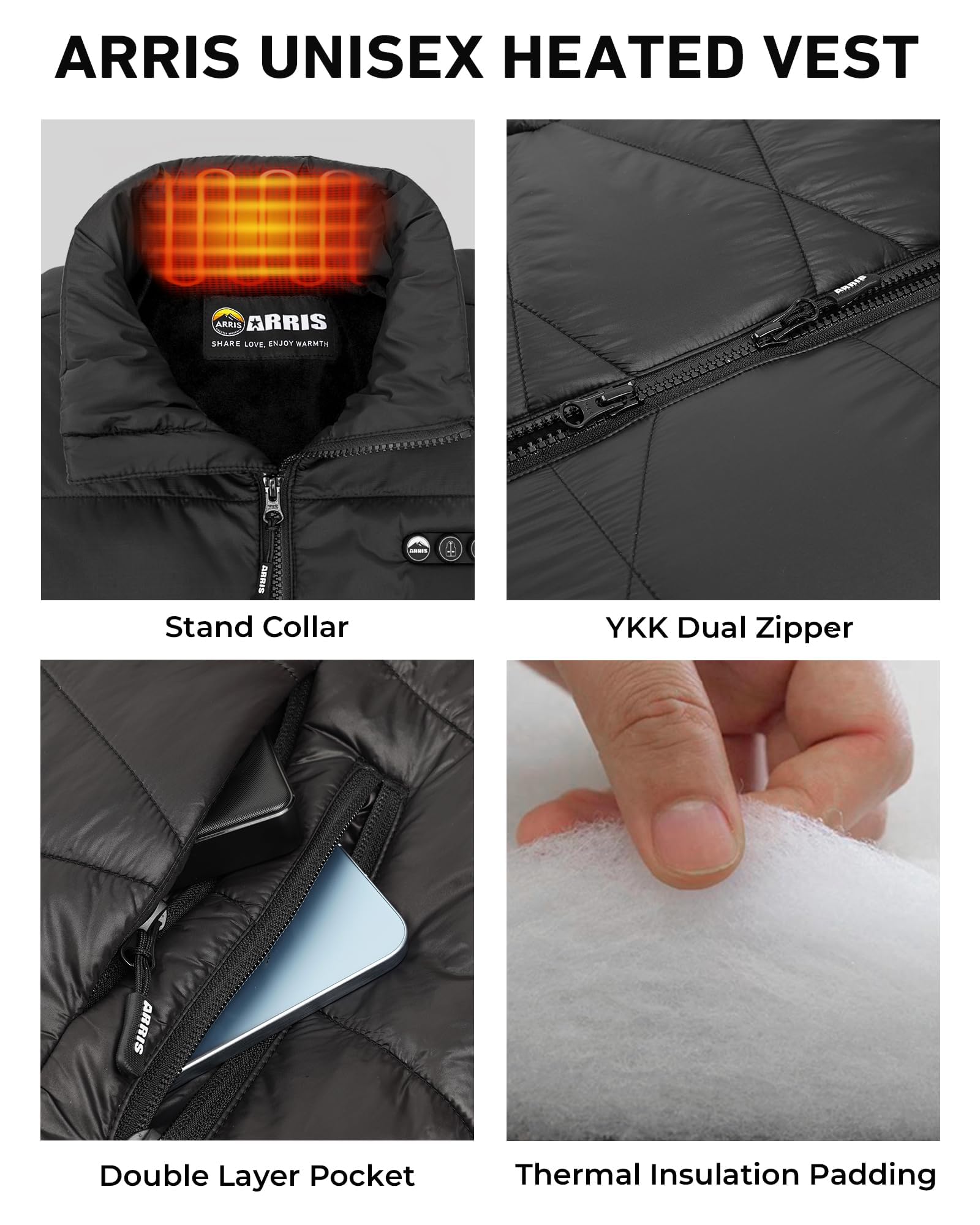 ARRIS 12V heated vest inner fleece lining and warm padding