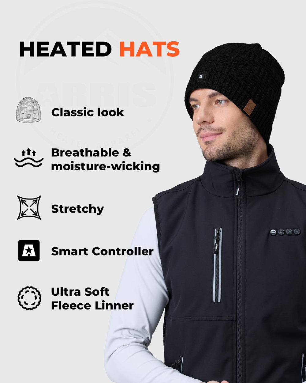 ARRIS heated beanie shows 3 heat settings for customizable warmth.