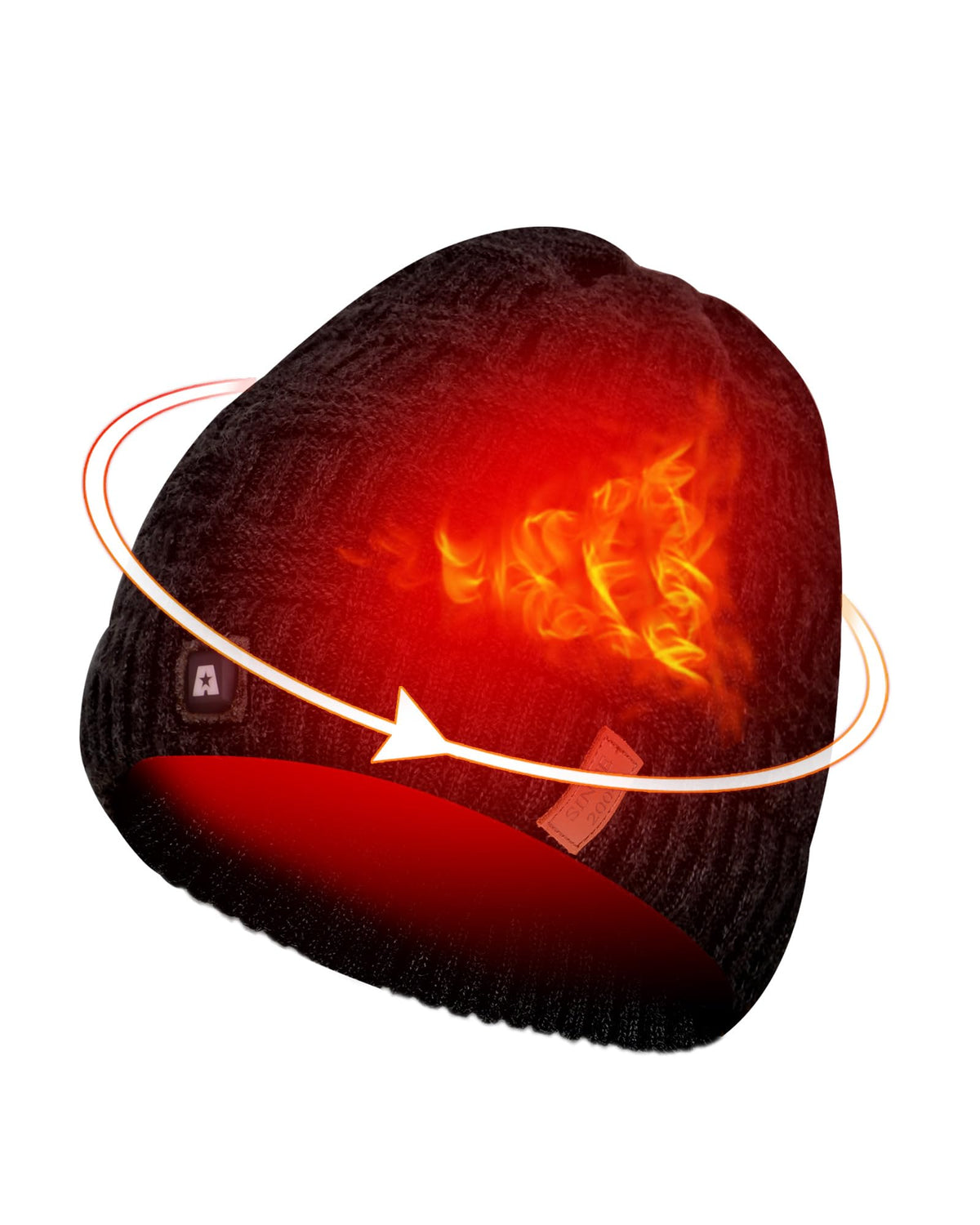 ARRIS heated beanie front view showing cozy knit and full ear coverage for winter warmth.