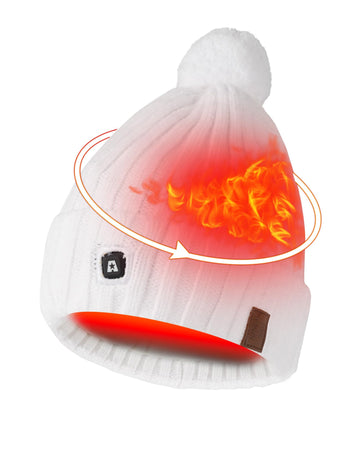 ARRIS heated fishing beanie for women in white with pom for outdoor warmth.
