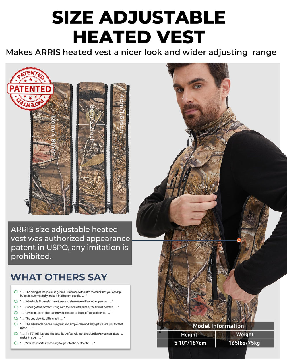ARRIS heated vest adjustable straps demonstrating size flexibility