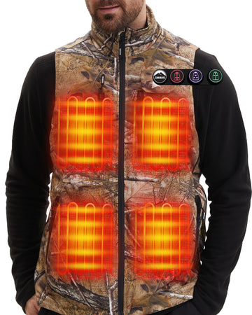 ARRIS heated vest camo worn on a hunt showing rugged warmth