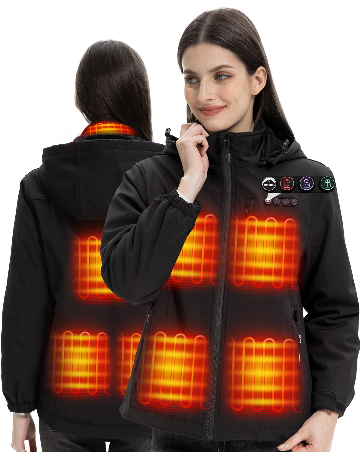 ARRIS women's heated jacket front view showing multiple heating zones for targeted warmth