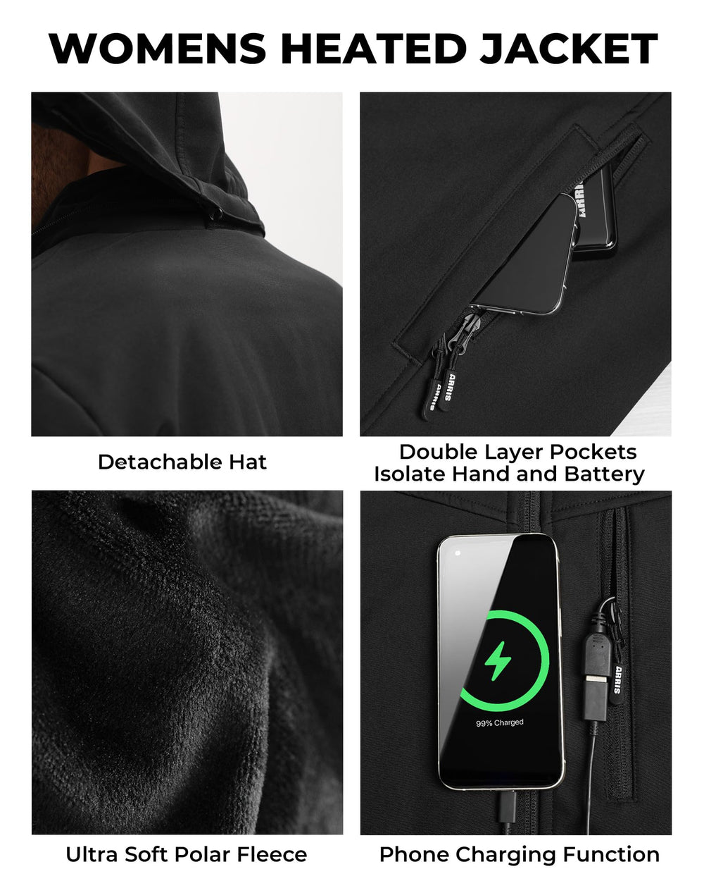 ARRIS heated jacket LED controller close-up illustrating five heat settings