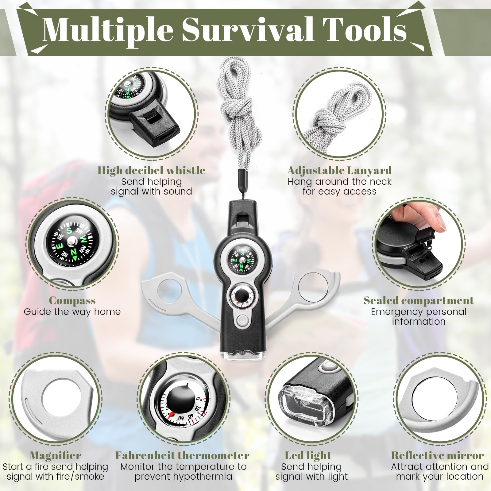 Arrowbash 7-in-1 survival tool featuring compass, thermometer, magnifier and LED