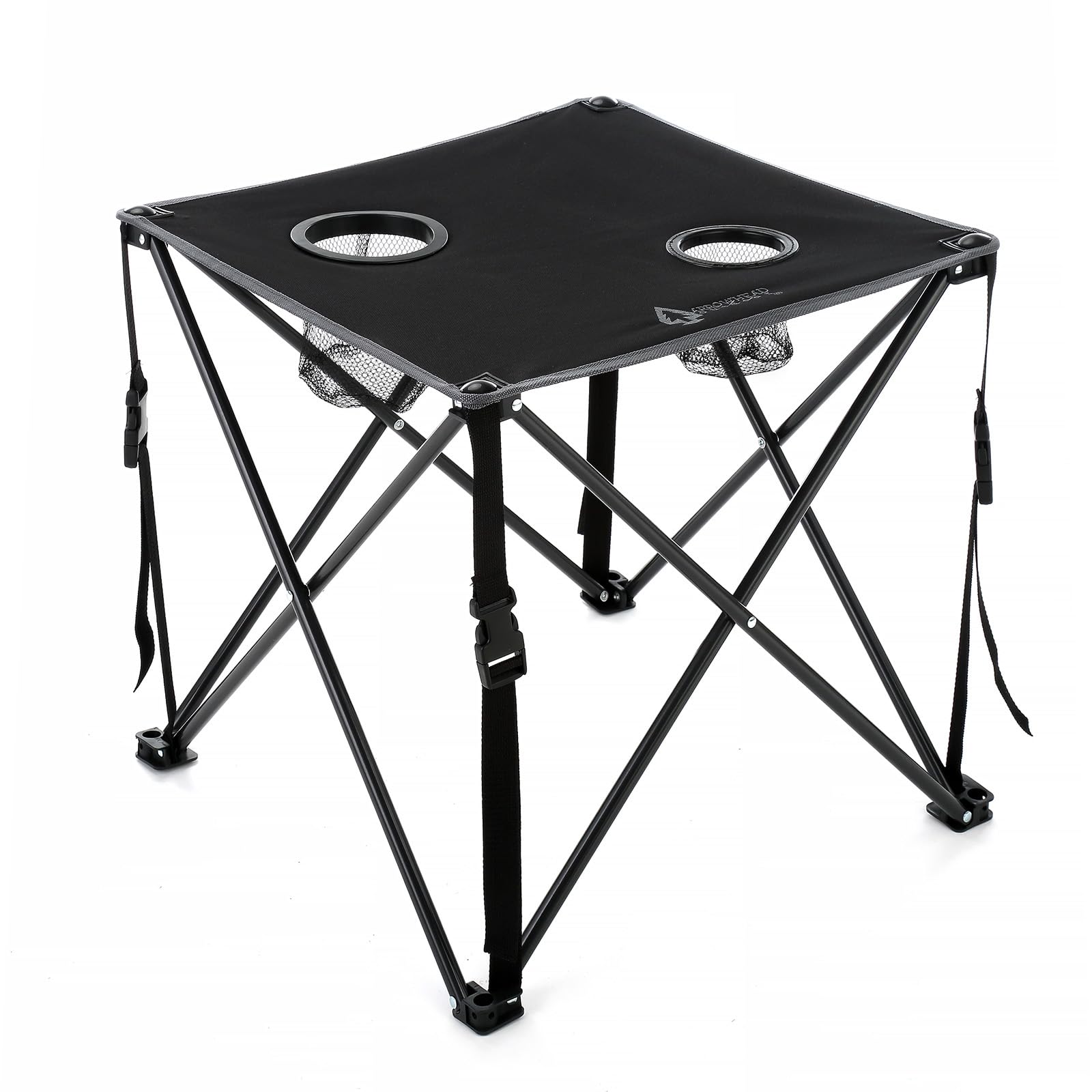 ARROWHEAD Outdoor 26in folding table folded for compact portability on camping trips.