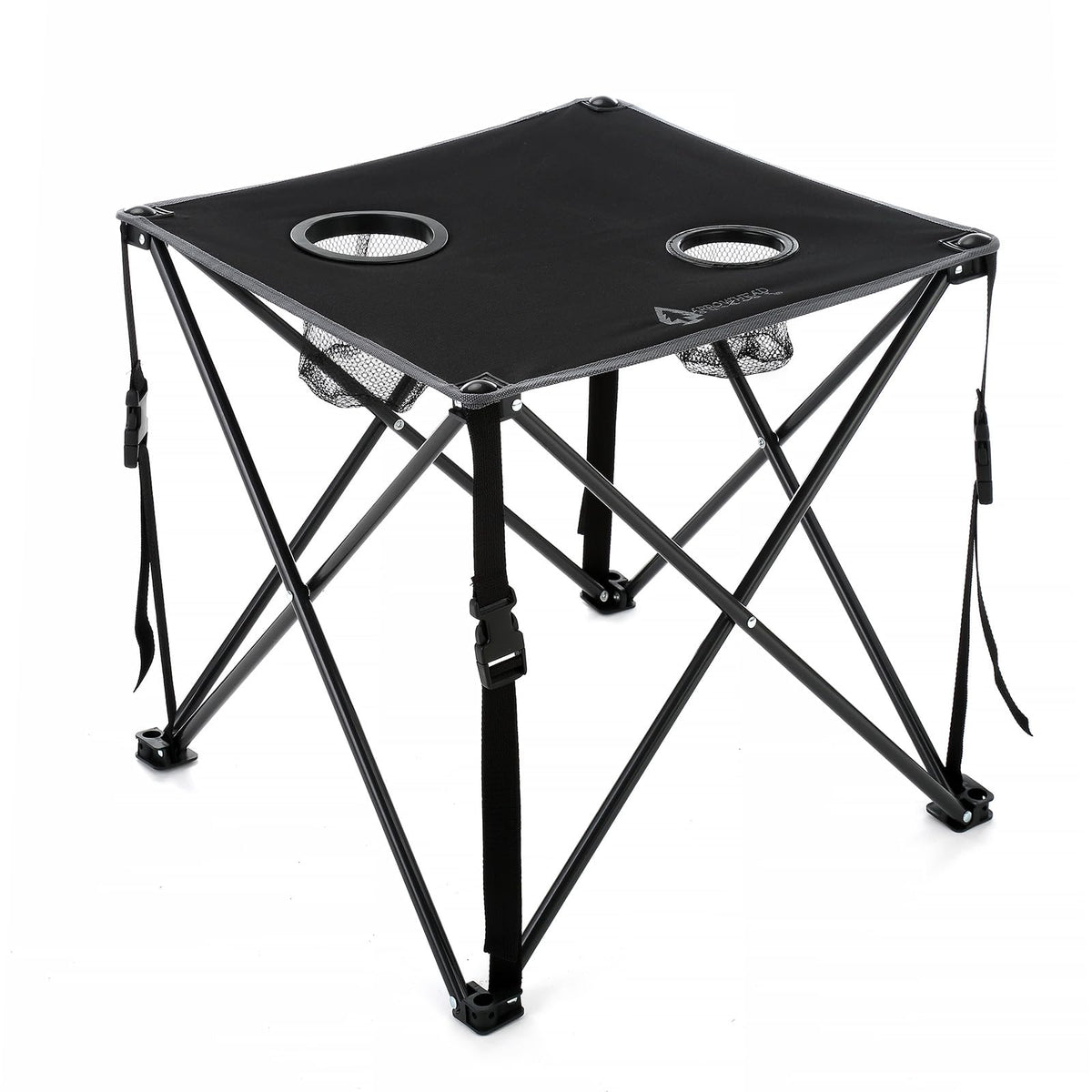 ARROWHEAD Outdoor 26in folding table folded for compact portability on camping trips.