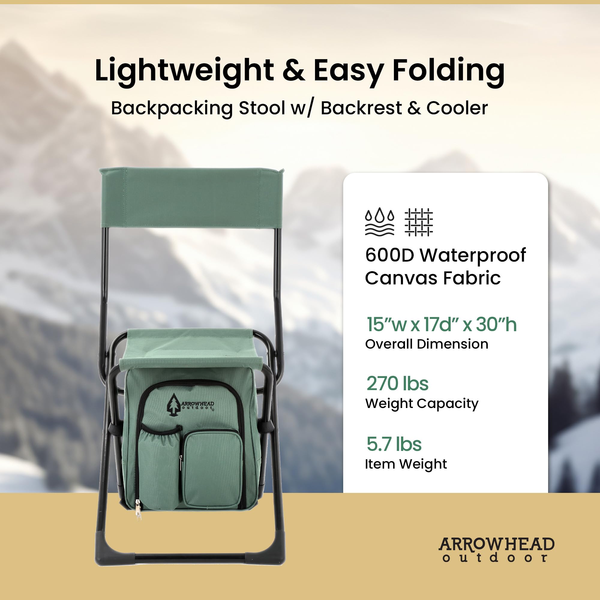 ARROWHEAD OUTDOOR 3-in-1 chair rugged 600D Oxford fabric for rough terrain.