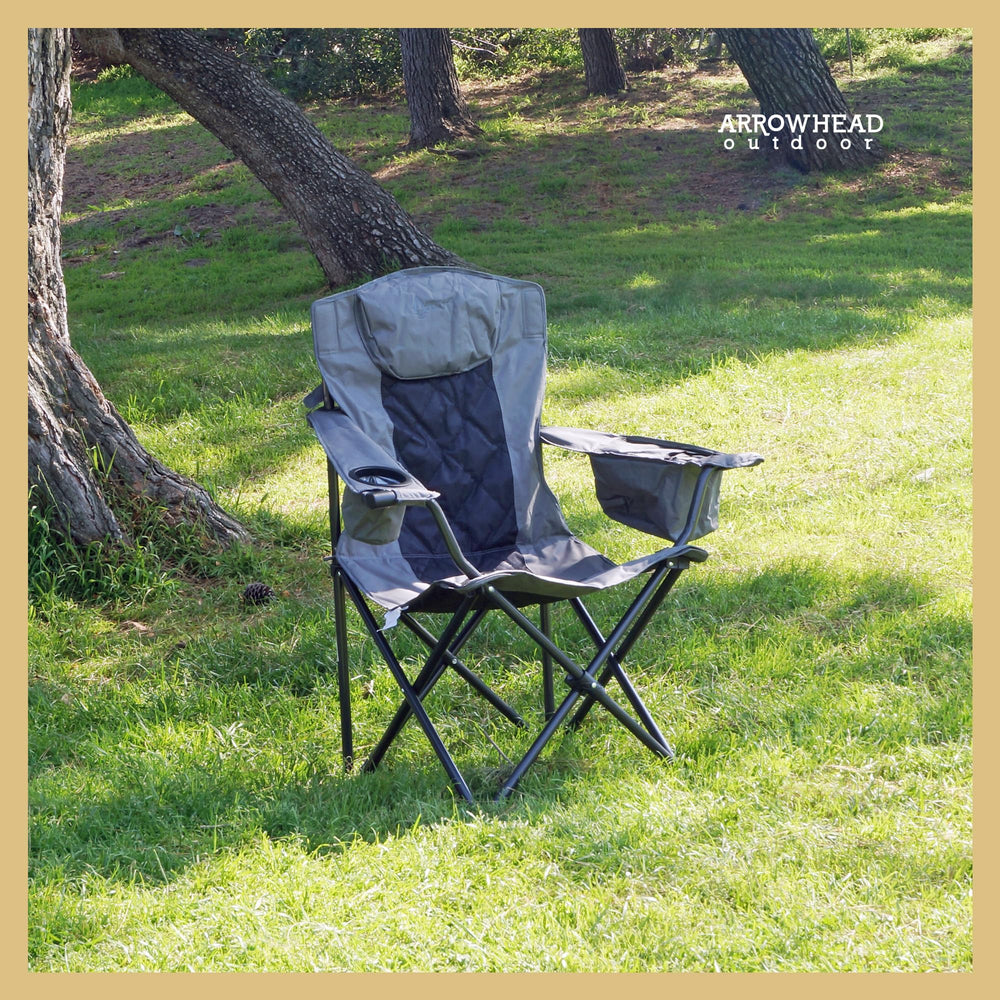 Arrowhead Outdoor chair features wine glass holder for convenient beverage setup.