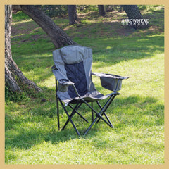 Arrowhead Outdoor chair features wine glass holder for convenient beverage setup.