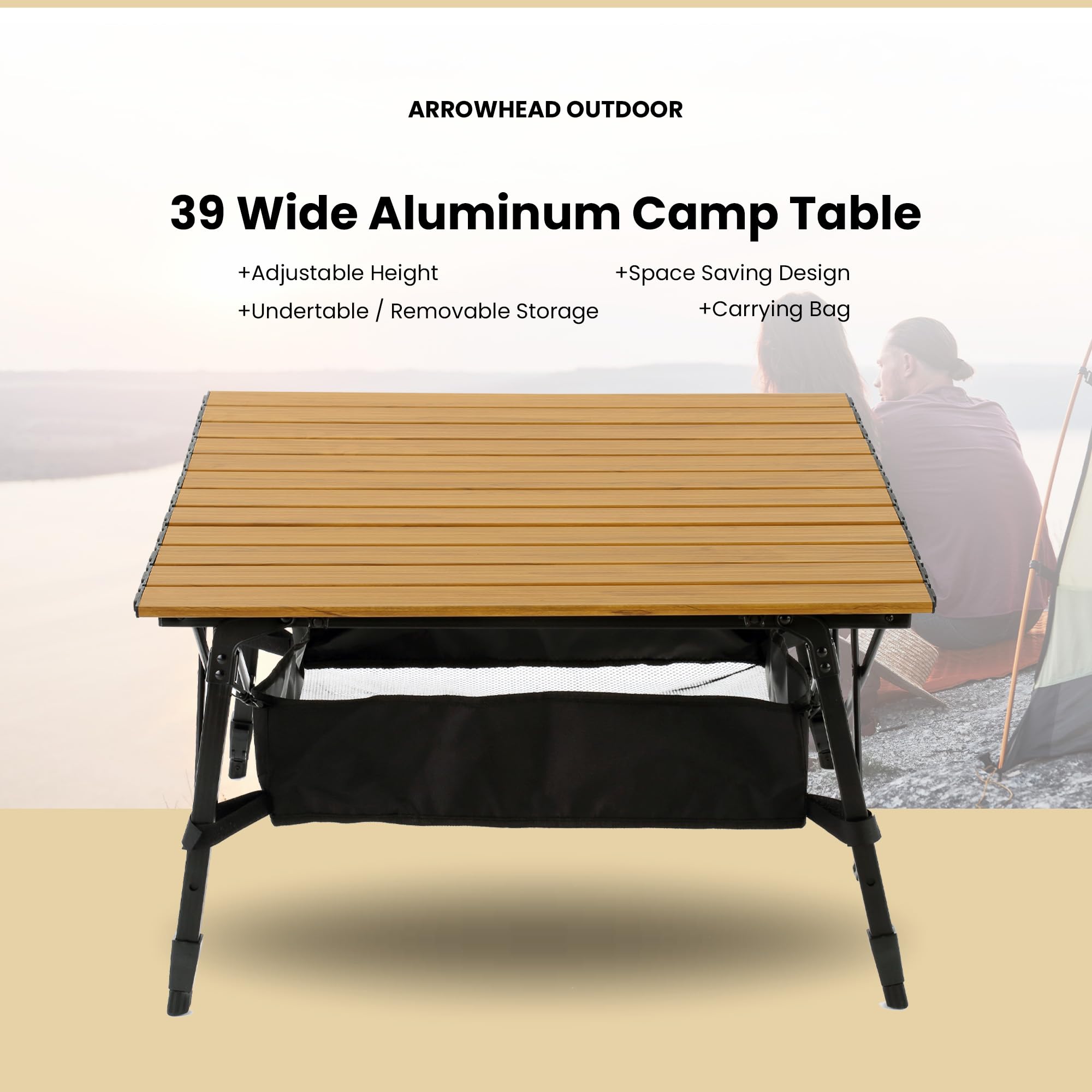 ARROWHEAD OUTDOOR folded table in carry bag for easy transport.