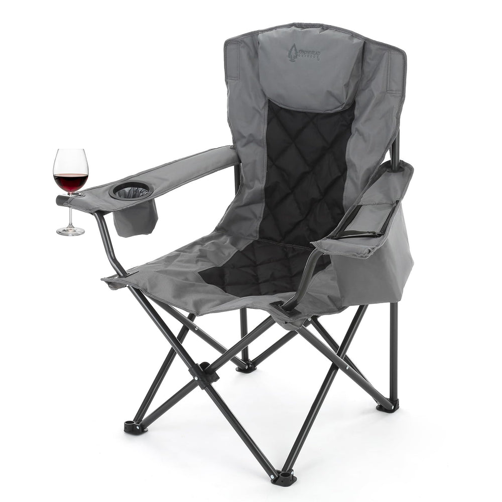 Arrowhead Outdoor folding quad chair with headrest offers plush comfort for campsite seating.