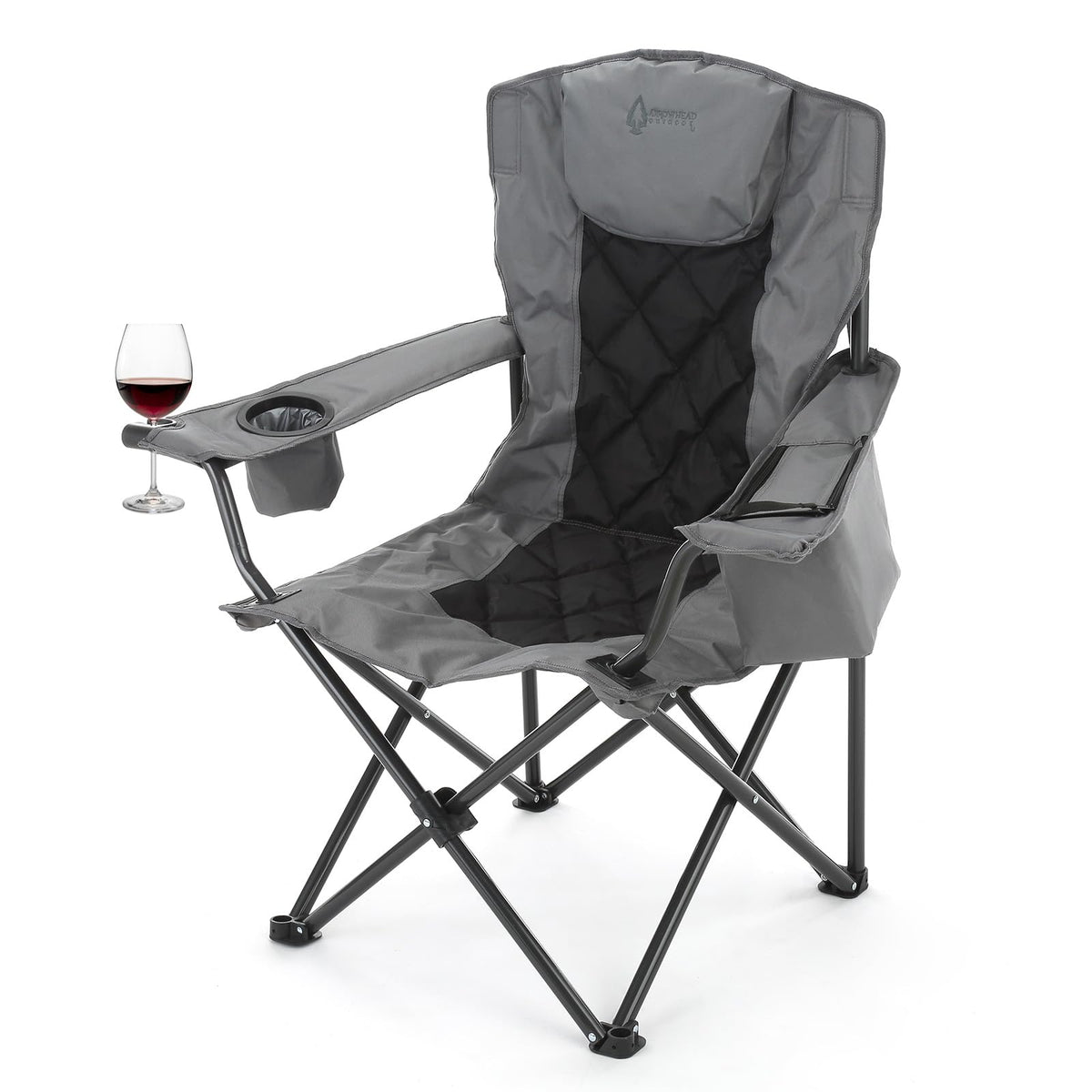 Arrowhead Outdoor folding quad chair with headrest offers plush comfort for campsite seating.
