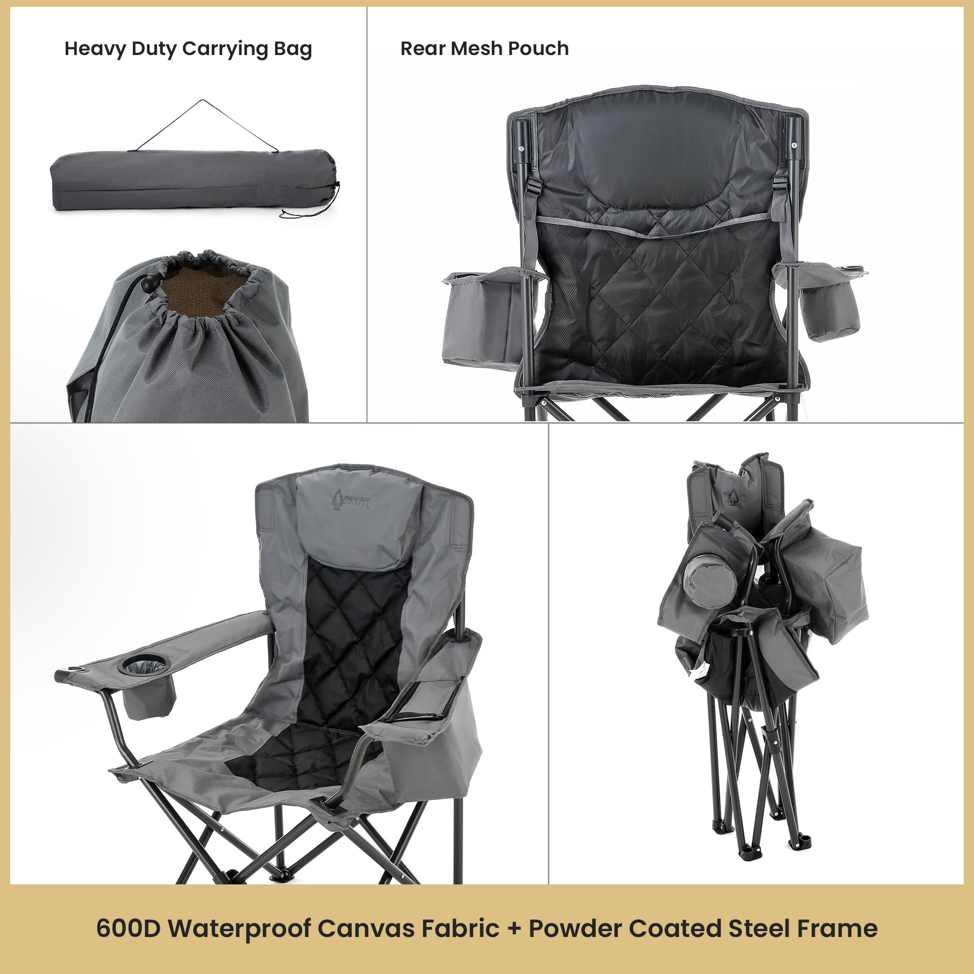 Arrowhead Outdoor six-can cooler within armrest keeps beverages within reach.