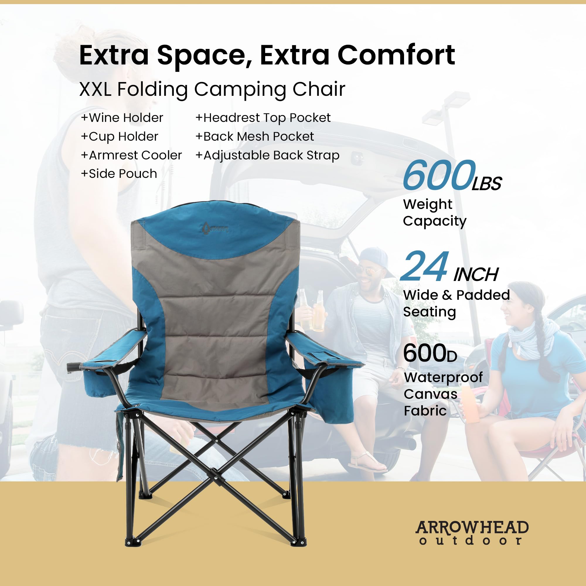 Arrowhead Outdoor oversized XXL chair armrest storage pocket keeps essentials handy