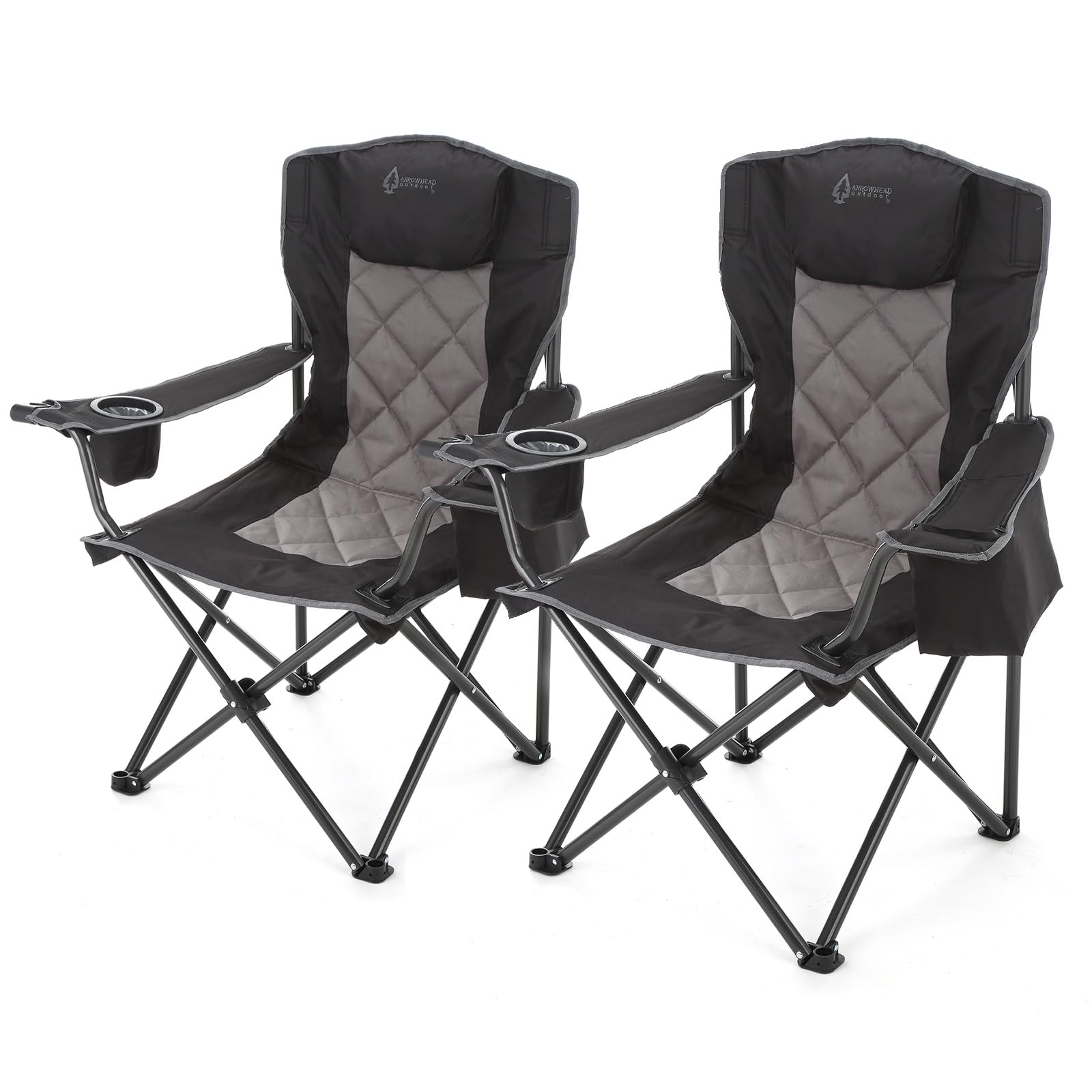 Arrowhead Outdoor quad chair with headrest provides portable comfort for camping and tailgates.