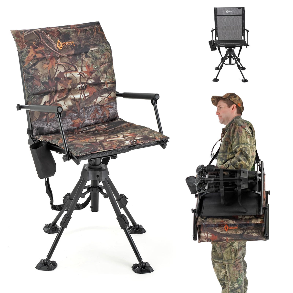 Arrowhead Outdoor swivel blind chair with camo seat pad for stealth hunting.