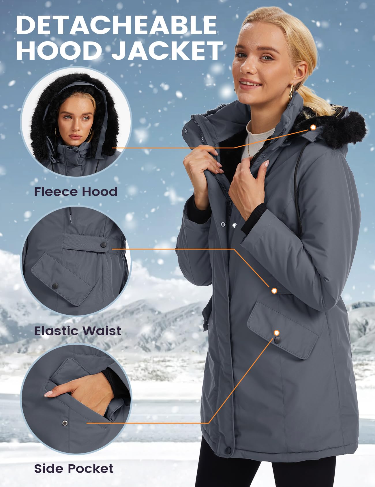 Arssm hood with detachable faux fur trim for customizable winter style.