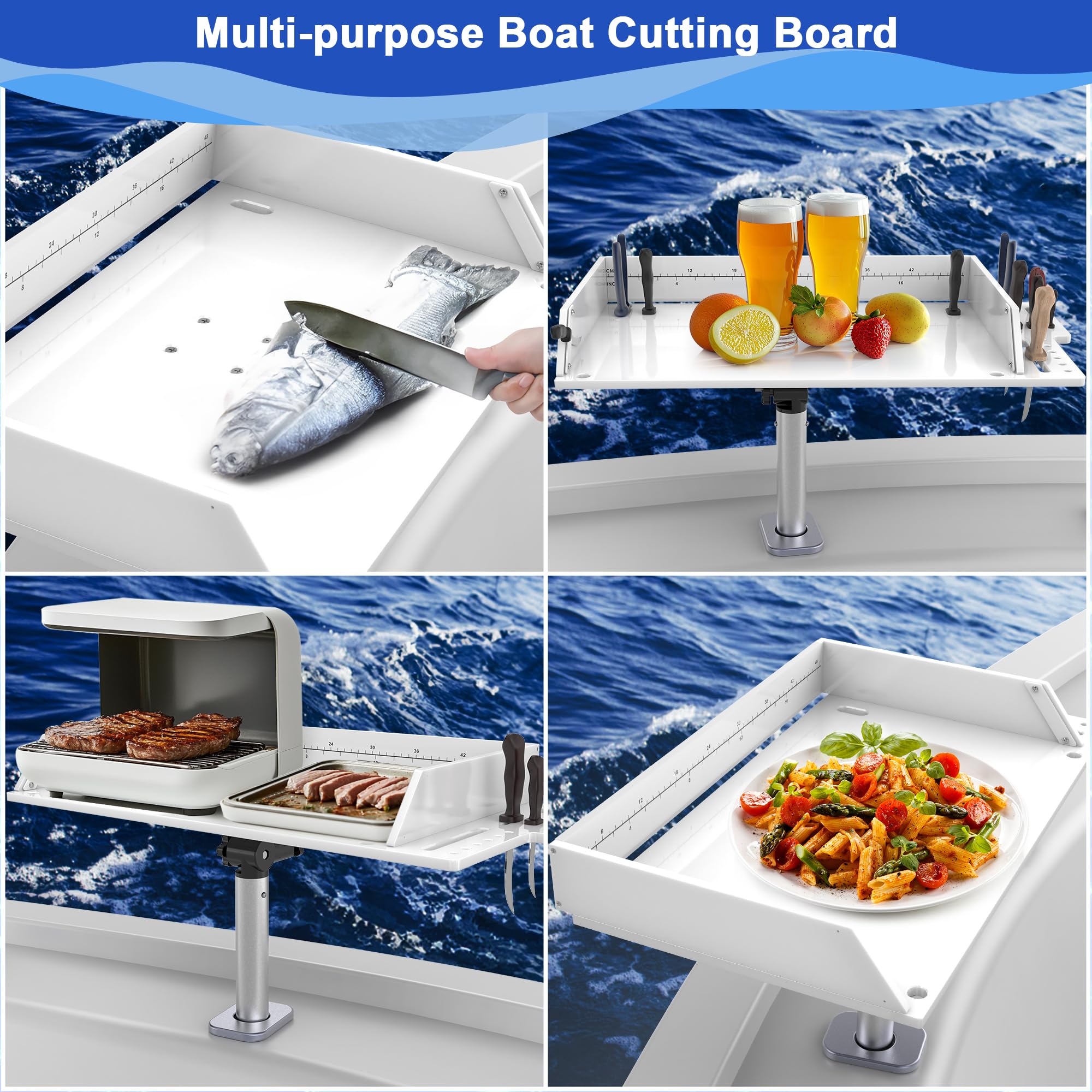 Versatile boat work station: fish cleaning, bait prep, serving table