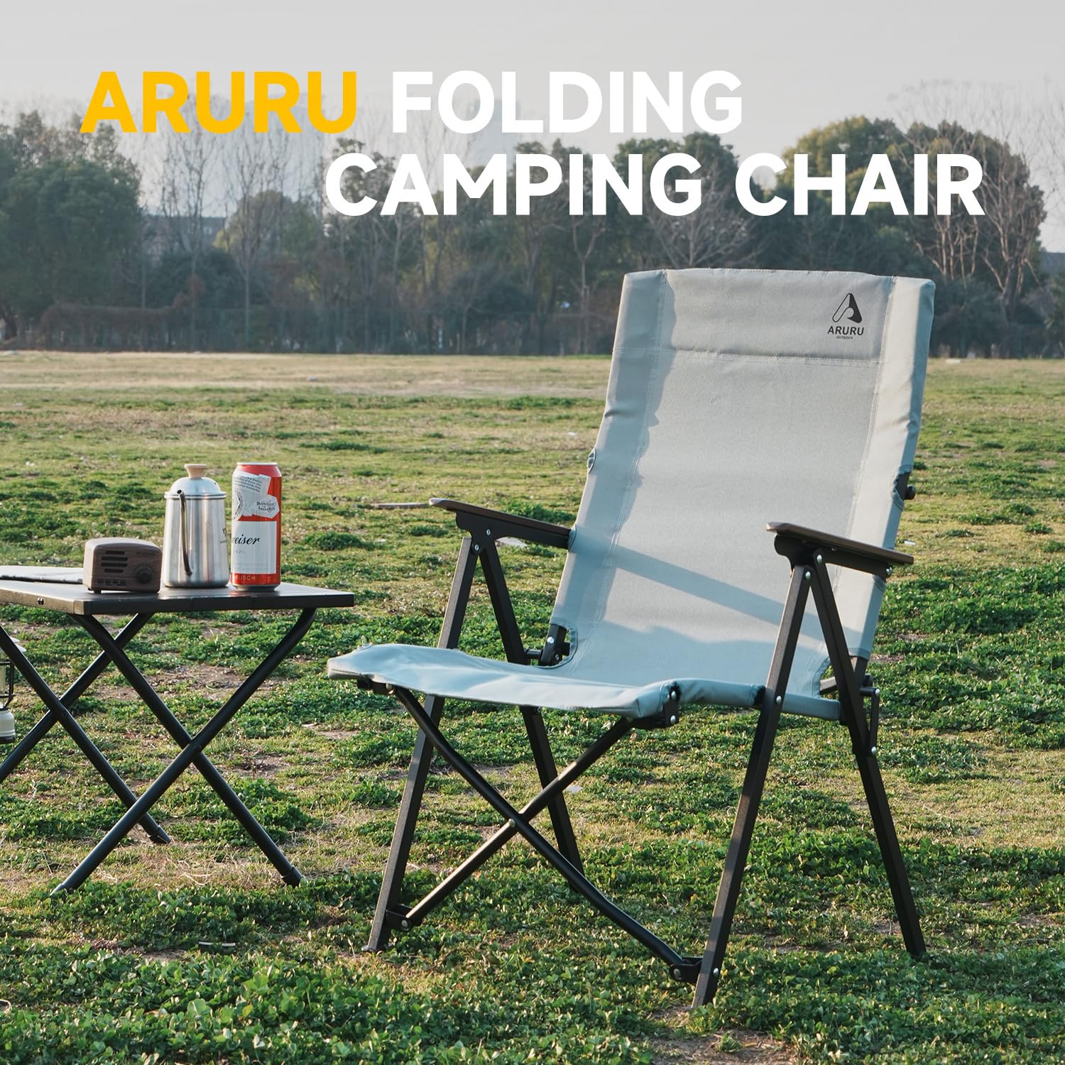 ARURU chair with carry strap ready for beach or hiking.