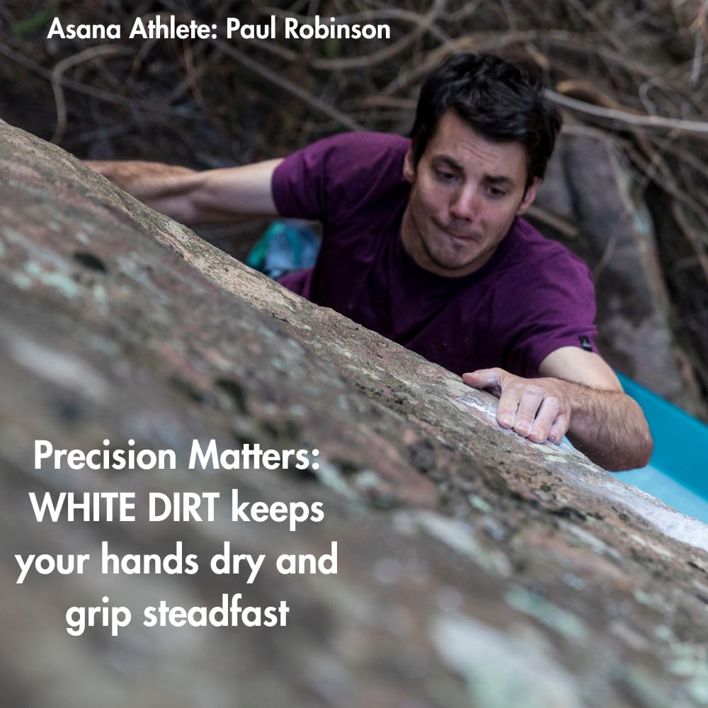 Asana White Dirt Chalk hand grip demo emphasizes consistent friction during climbs.