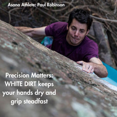 Asana White Dirt Chalk hand grip demo emphasizes consistent friction during climbs.
