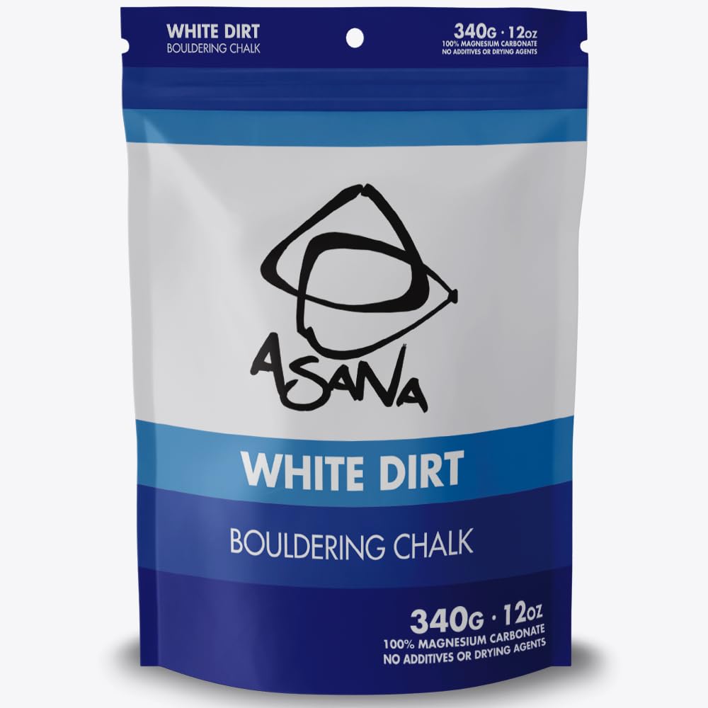 Asana White Dirt Chalk packaging showcases premium magnesium carbonate for reliable grip.